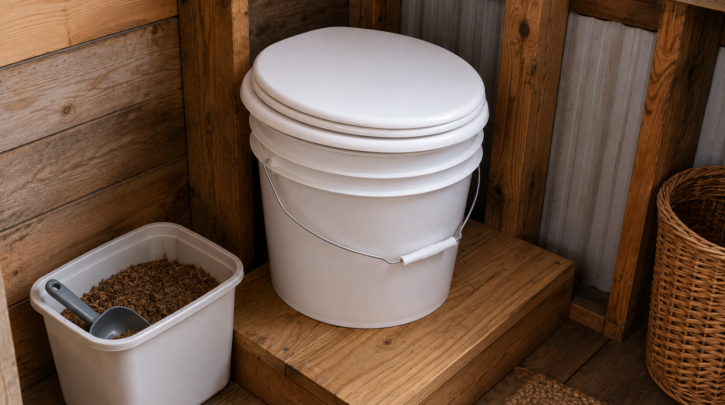 A finished 5-gallon bucket composting toilet with a snap-on seat lid