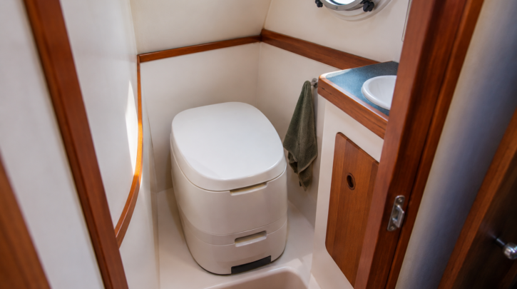 A composting toilet installed in a sailboat's marine head compartment