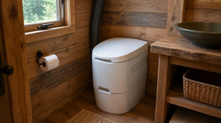 A composting toilet installed in a rustic cabin bathroom