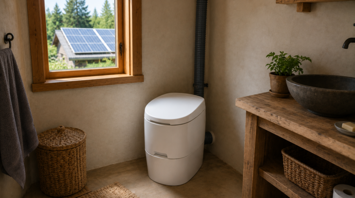 A composting toilet installed in an off-grid home with solar panels visible outside