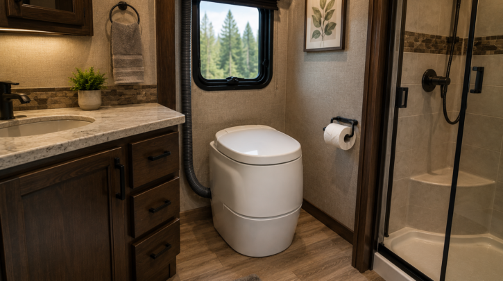 A composting toilet installed in a finished RV bathroom
