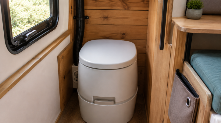 A composting toilet installed in a camper van's compact bathroom