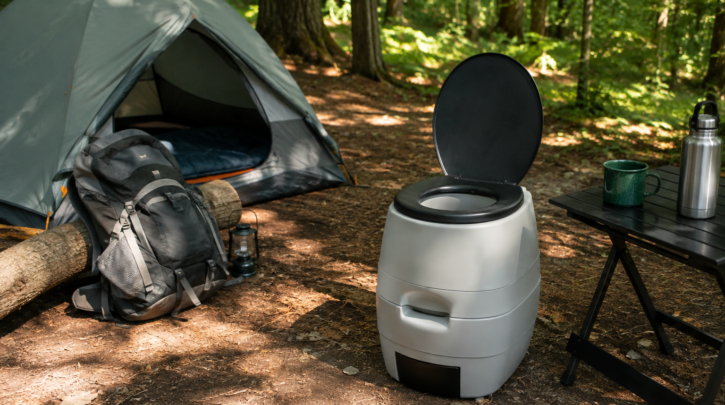 A portable composting toilet set up at an outdoor campsite