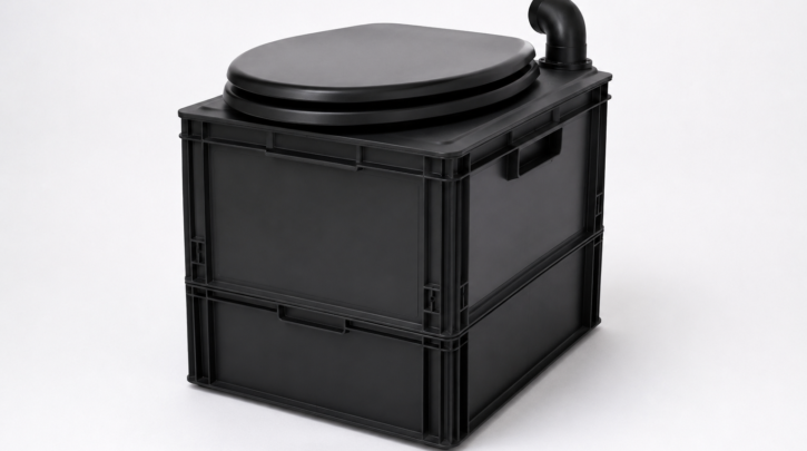 The BOXIO composting toilet's straight-walled, stackable design
