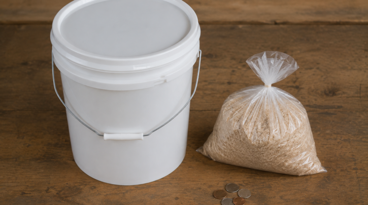 A simple bucket-based composting toilet setup with a small budget of coins nearby