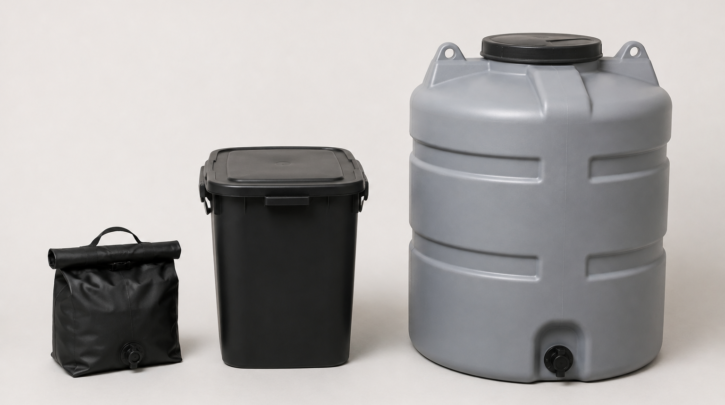 Containers of increasing size representing a range of composting toilet capacities