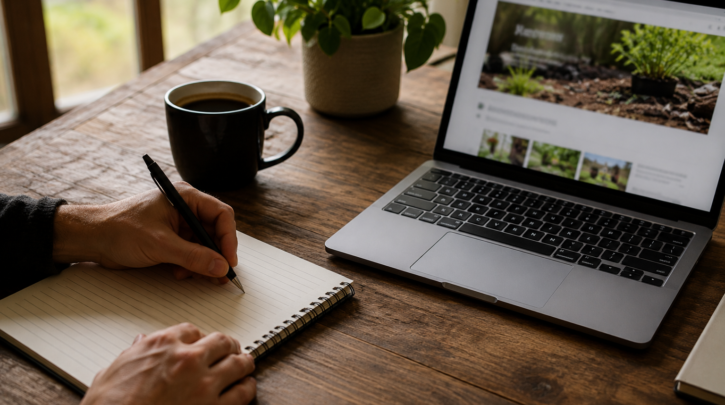 Hands taking notes beside a laptop while researching composting toilets