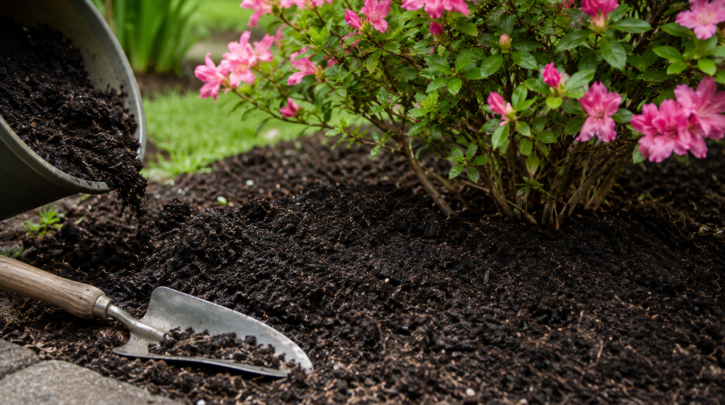 Finished compost being applied around ornamental plants in a garden bed