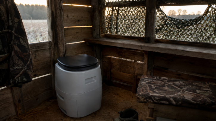A portable composting toilet set up inside a rustic hunting blind