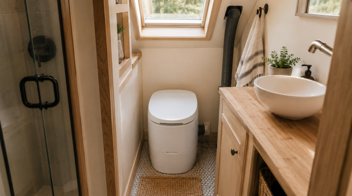 A composting toilet in a compact tiny home bathroom