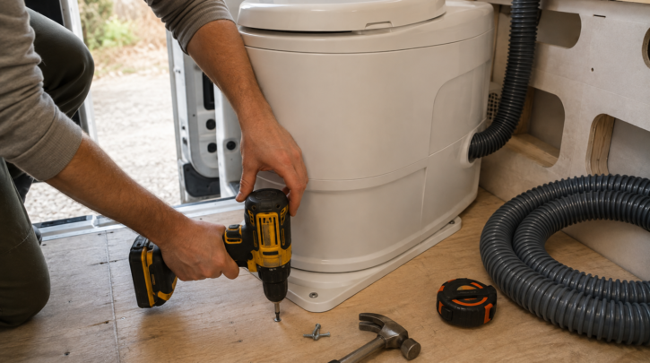 Hands mounting a composting toilet base onto a van's plywood subfloor