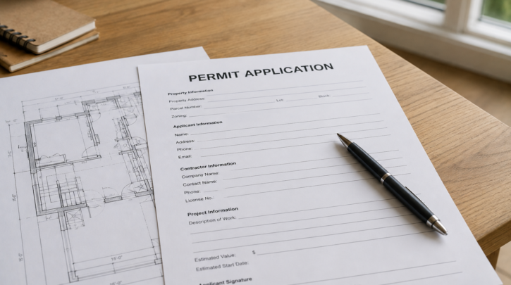 A permit application document on a desk with a building plan