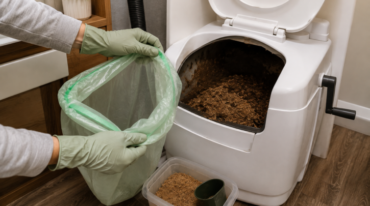 Hands performing routine maintenance on a composting toilet's solids chamber