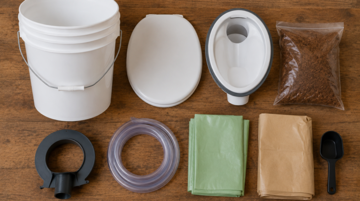 A flat-lay of composting toilet DIY parts including a bucket, diverter, and carbon additive