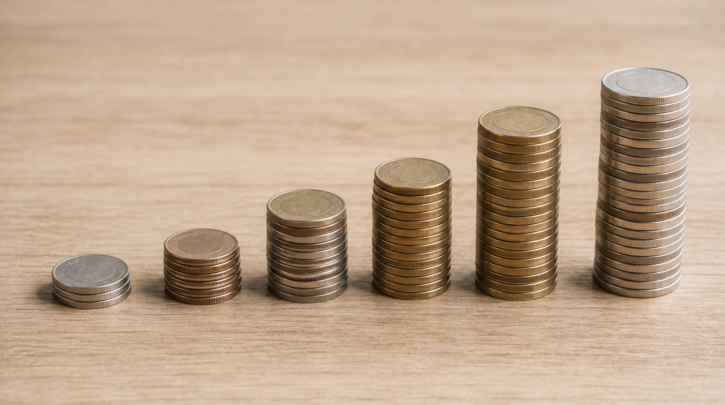 Ascending stacks of coins representing a range of composting toilet prices
