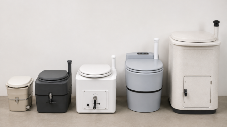 Several composting toilets of different sizes lined up for comparison