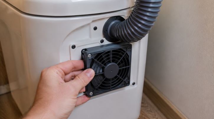A hand checking the ventilation fan and hose on a composting toilet