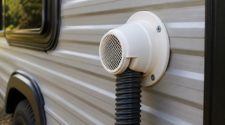A vent hose connected to an exterior wall fitting on a camper van