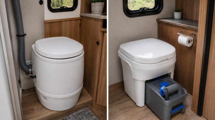 A composting toilet beside a cassette toilet for comparison