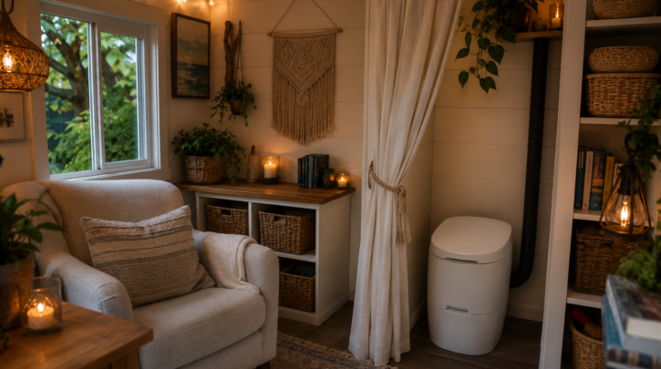 A compact composting toilet discreetly placed in a cozy backyard she-shed