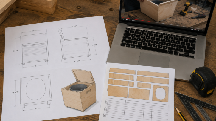 Printed building plans beside a laptop showing a DIY tutorial video