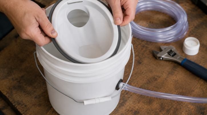 A urine diverter component being fitted into a bucket during a DIY build