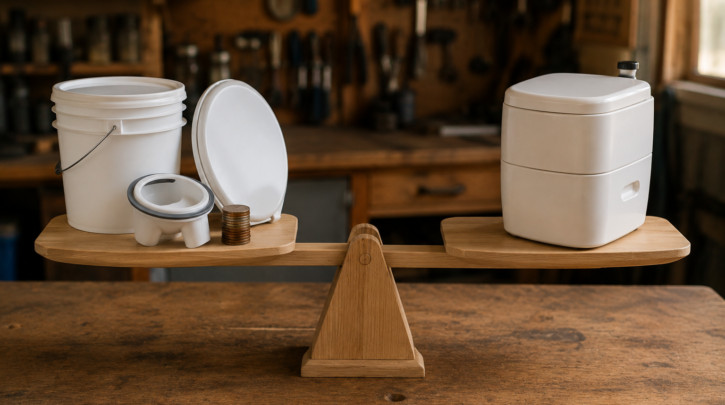 A balance scale weighing DIY toilet parts against a manufactured composting toilet