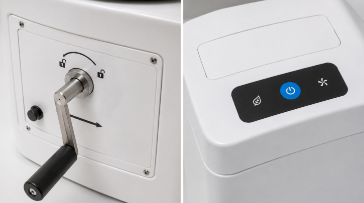 A hand-crank agitator handle beside an electric push-button control panel