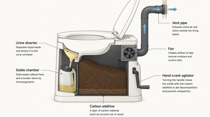 A labeled diagram showing the internal parts of a composting toilet including the urine diverter, solids chamber, and vent fan