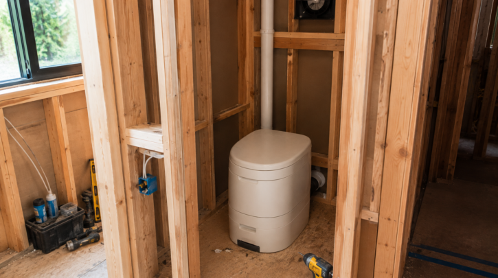 A partially framed bathroom enclosure under construction around a composting toilet