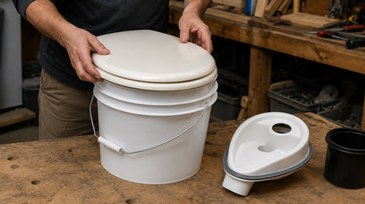 Hands assembling a DIY bucket-based composting toilet on a workbench