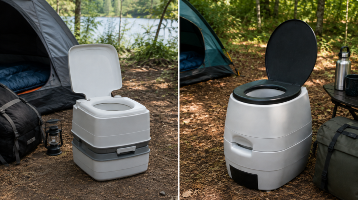 A chemical portable camping toilet beside a portable composting toilet for comparison