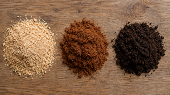 Three piles of sawdust, coco coir, and peat moss shown side by side