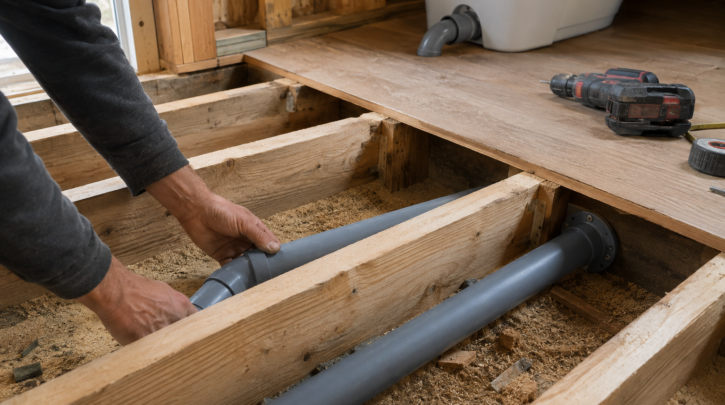 A drain line being routed through floor joists during cabin construction