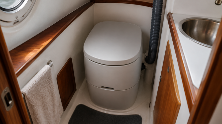 A compact composting toilet fitted into a tight boat bathroom