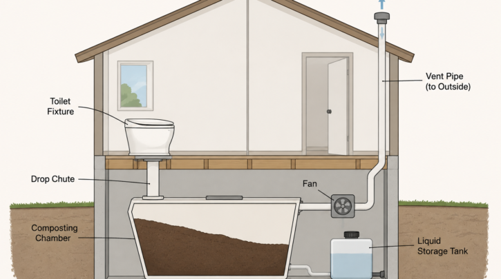 A cutaway diagram showing a toilet connected to a large composting chamber below the floor