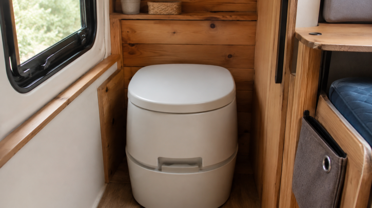A self-contained composting toilet installed in a van bathroom